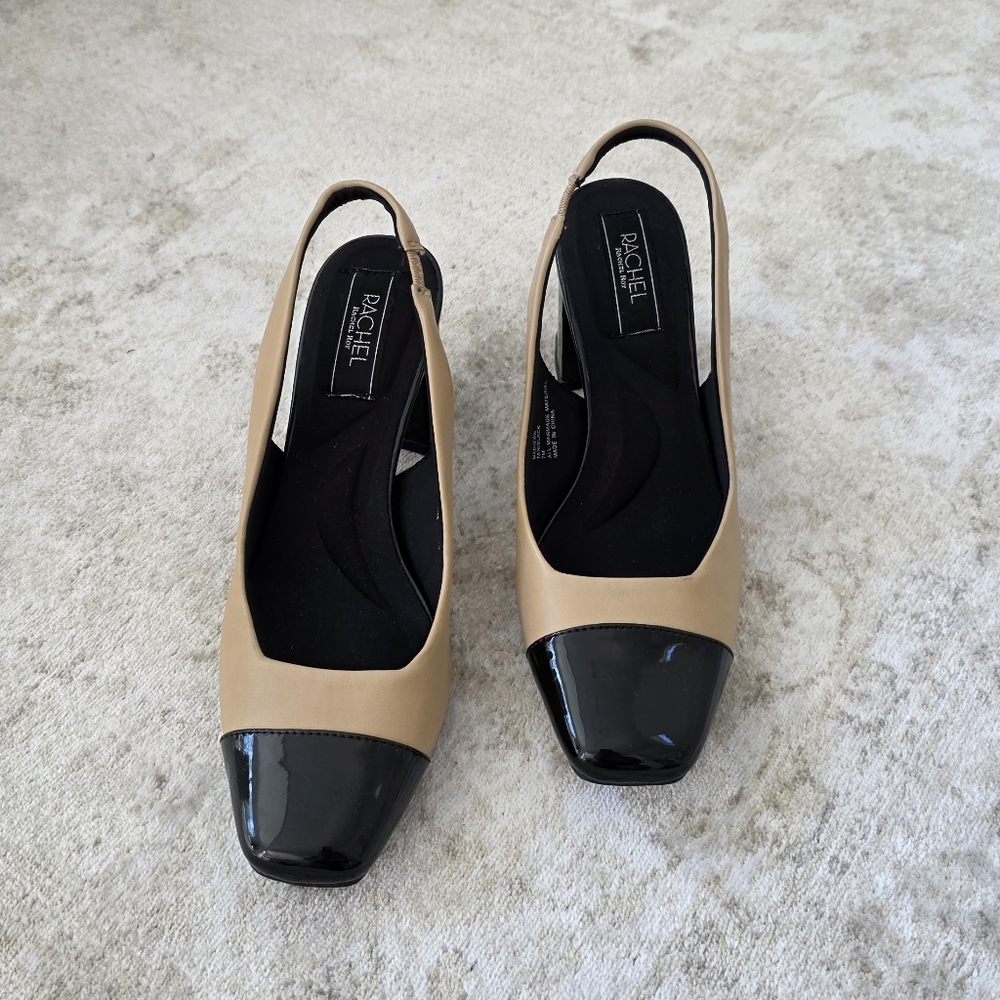Rachel Tan and Black Square-Toe Heels